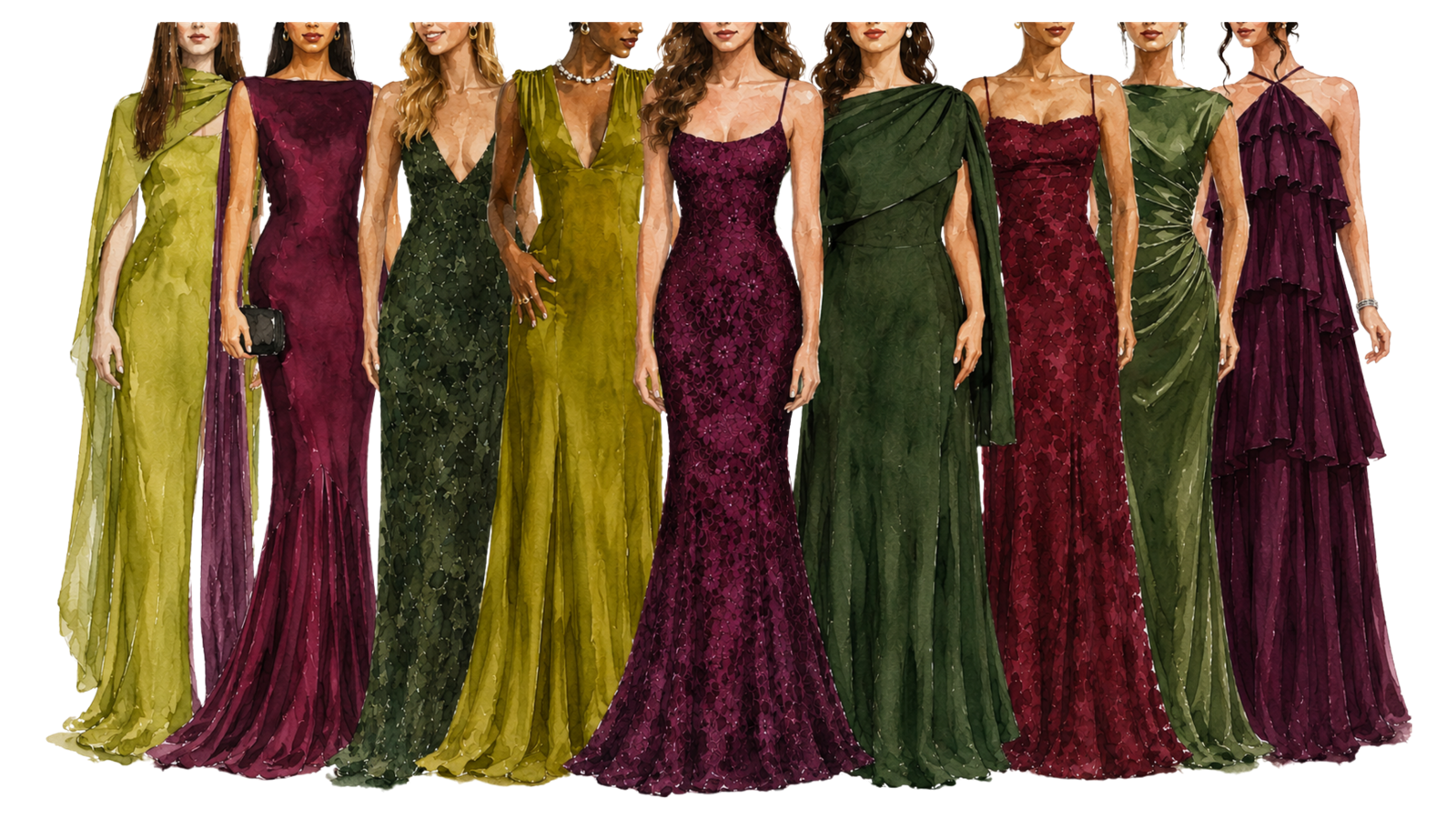Ladies' gown inspiration in the wedding color palette